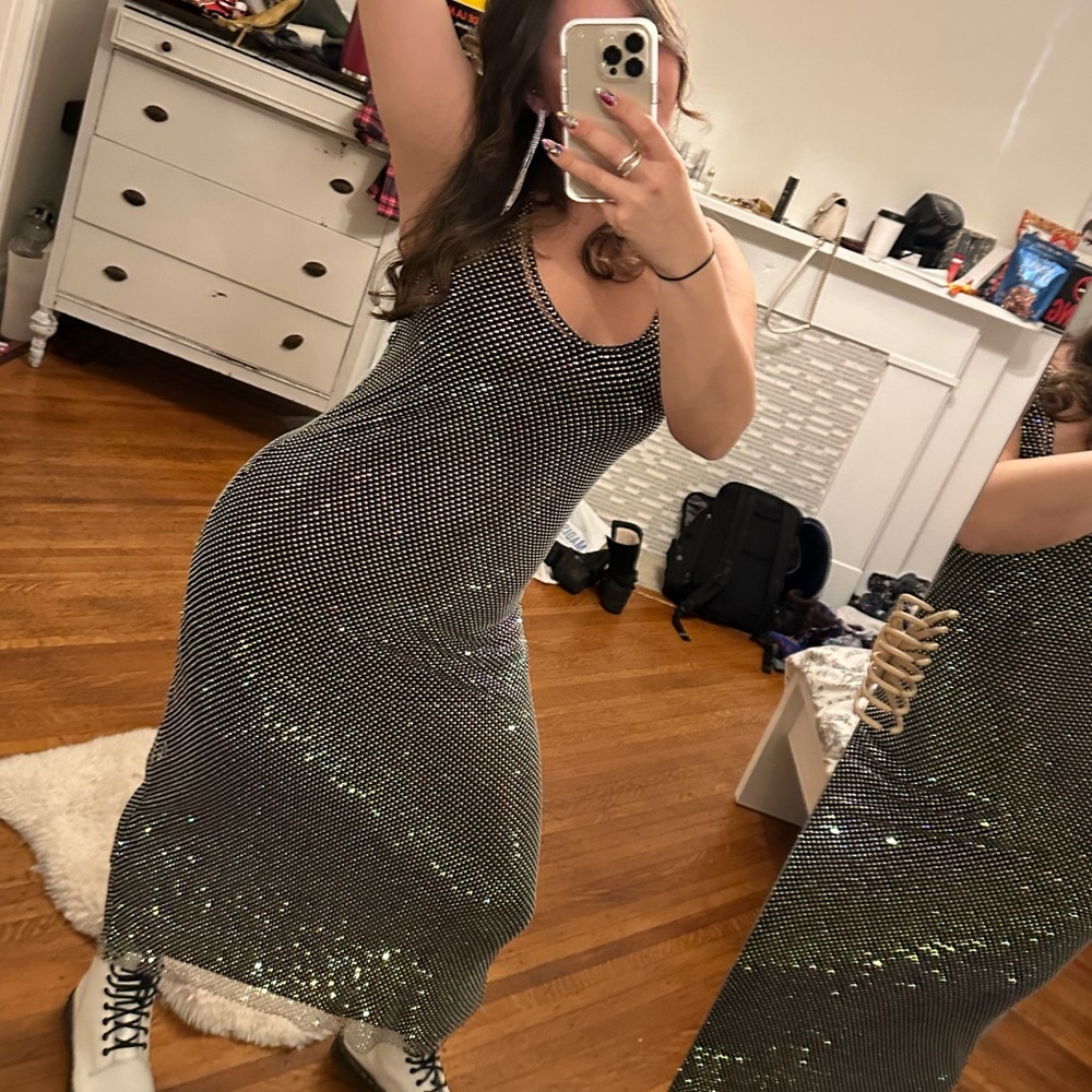 Zara RHINESTONE KNIT MIDI DRESS XS